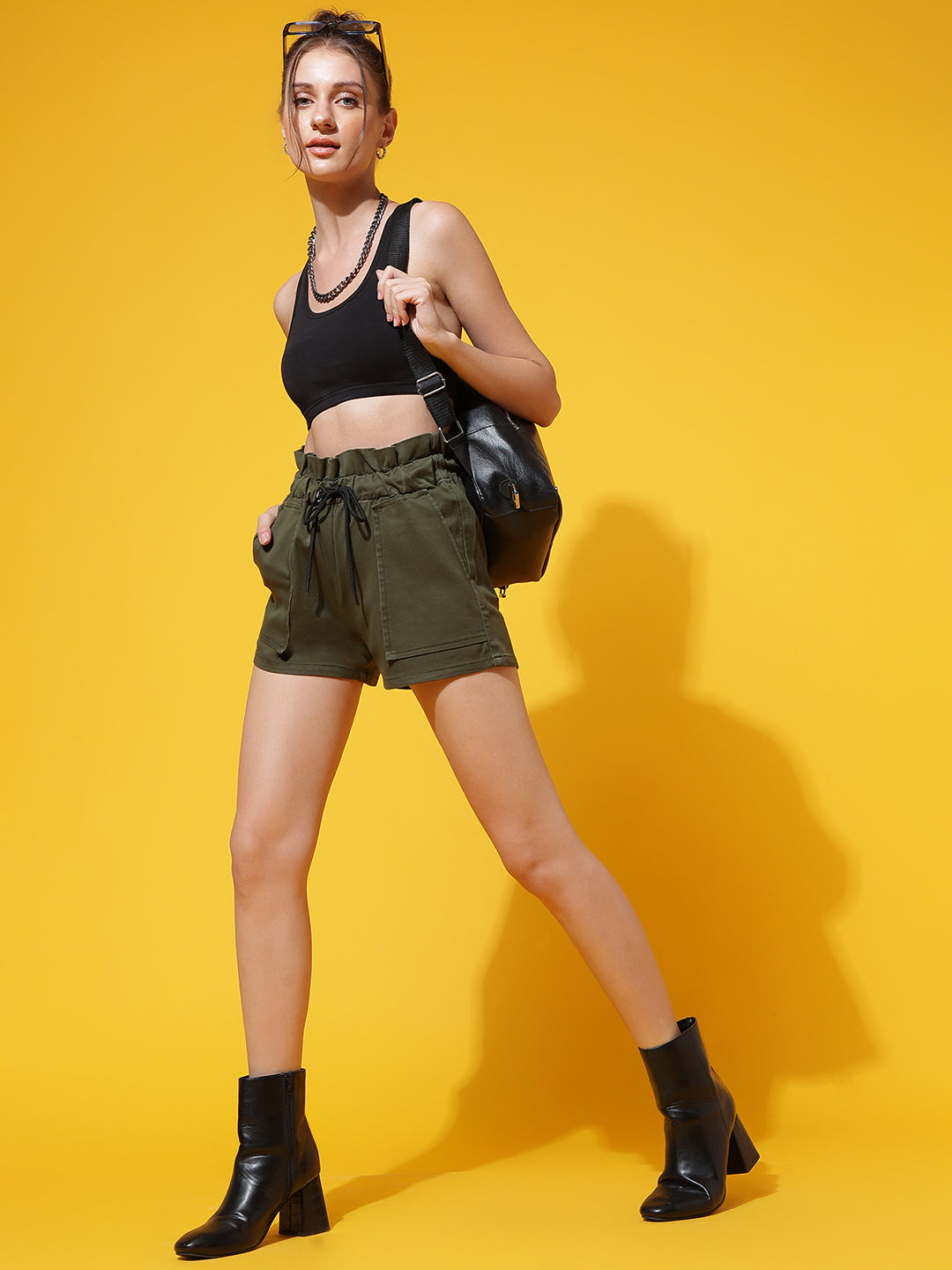 Green High Rise Paper Bag Shorts