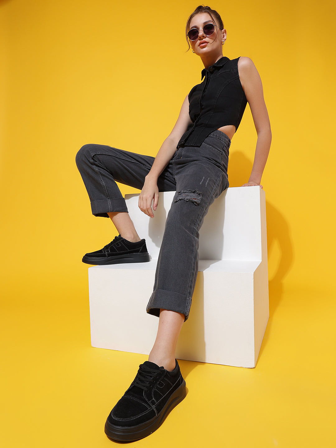 Grey Distressed Mom Fit Jeans