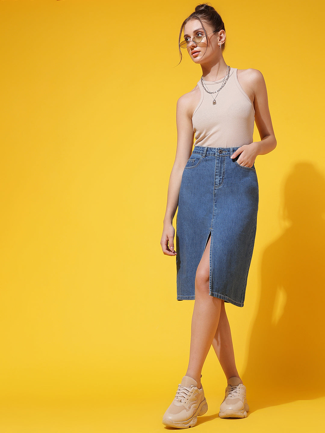 Blue Front Slit Denim Skirt