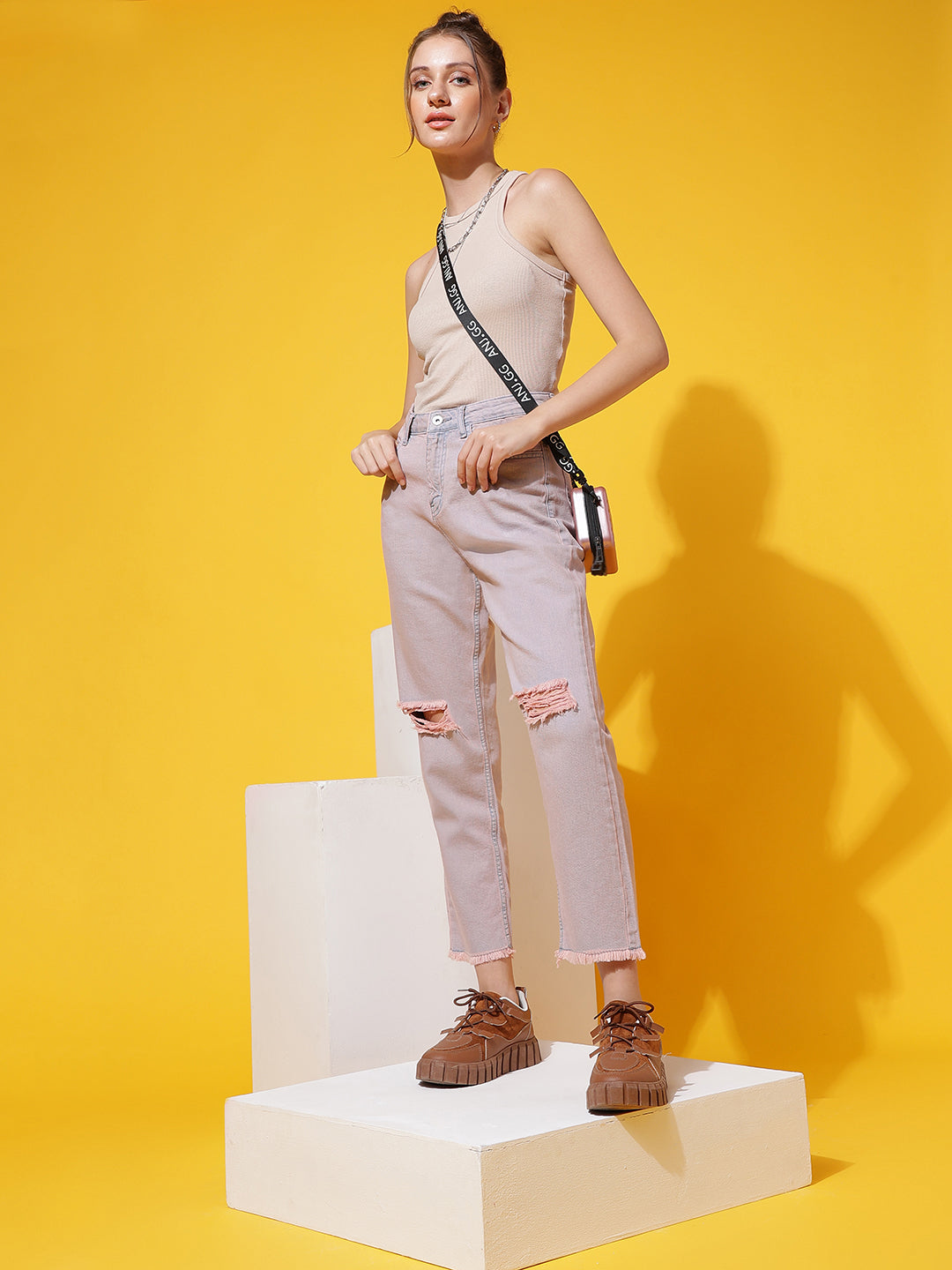 Pink Boyfriend Fit Distressed Jeans