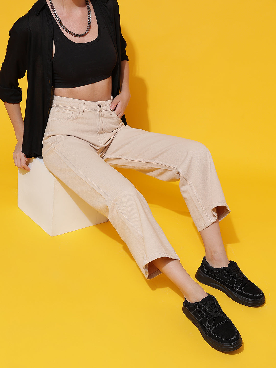 Beige Denim Flared Fit Jeans