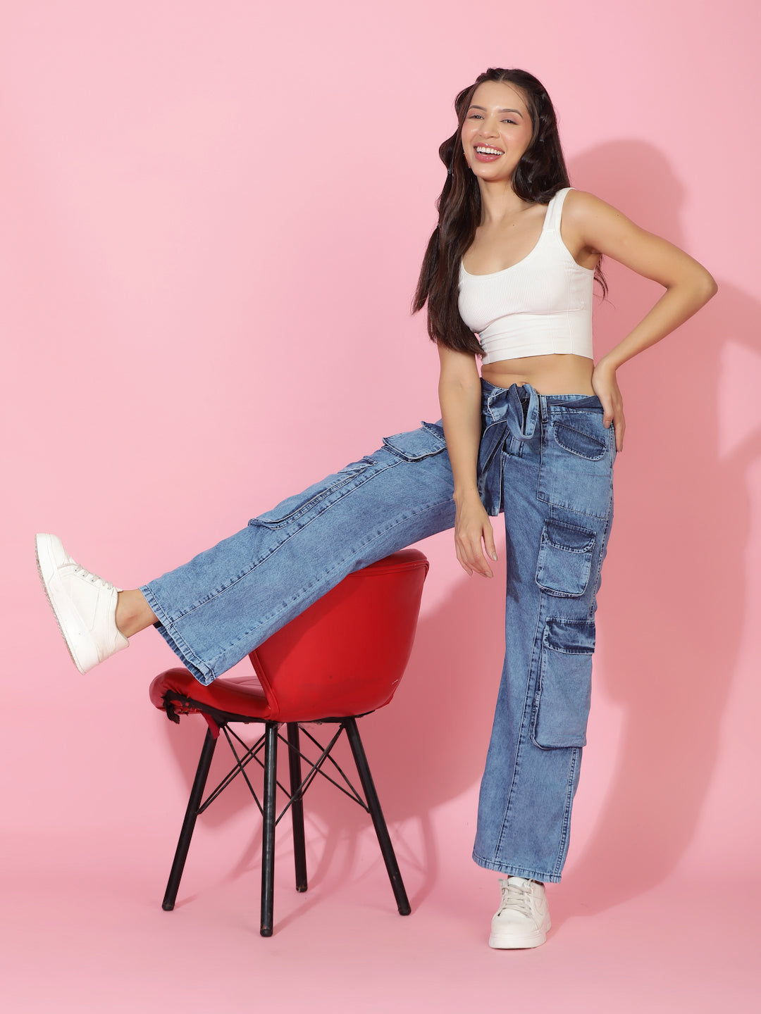 Mid Blue Relaxed Fit Denim Cargo Jeans