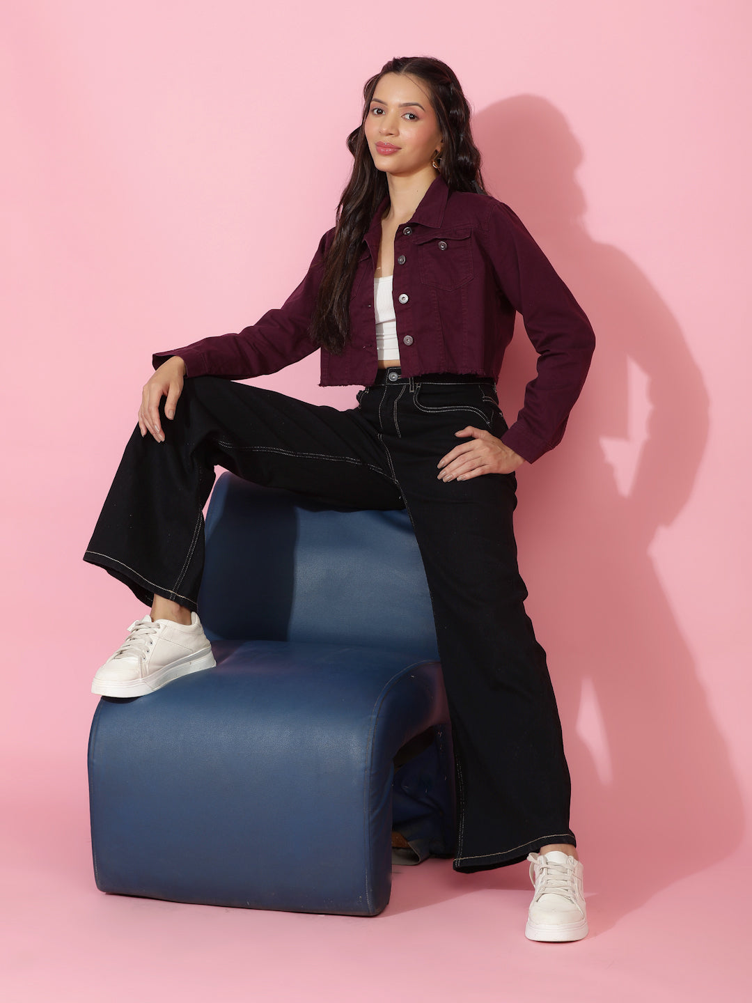 Maroon Cropped Denim Jacket