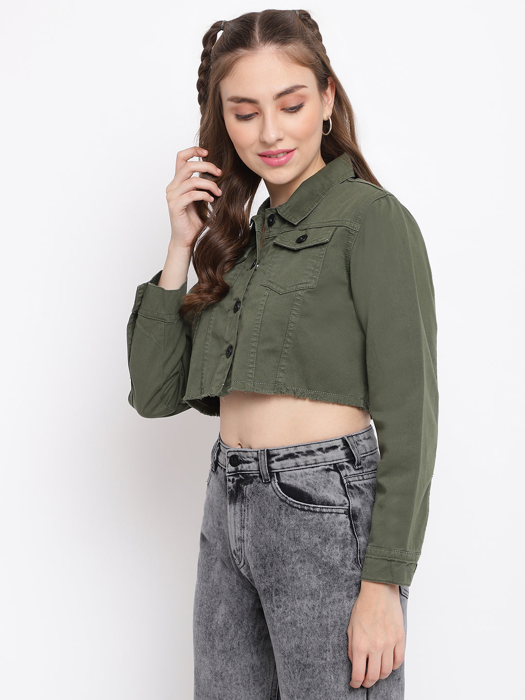 Olive Cropped Denim Jacket With Frey Hem