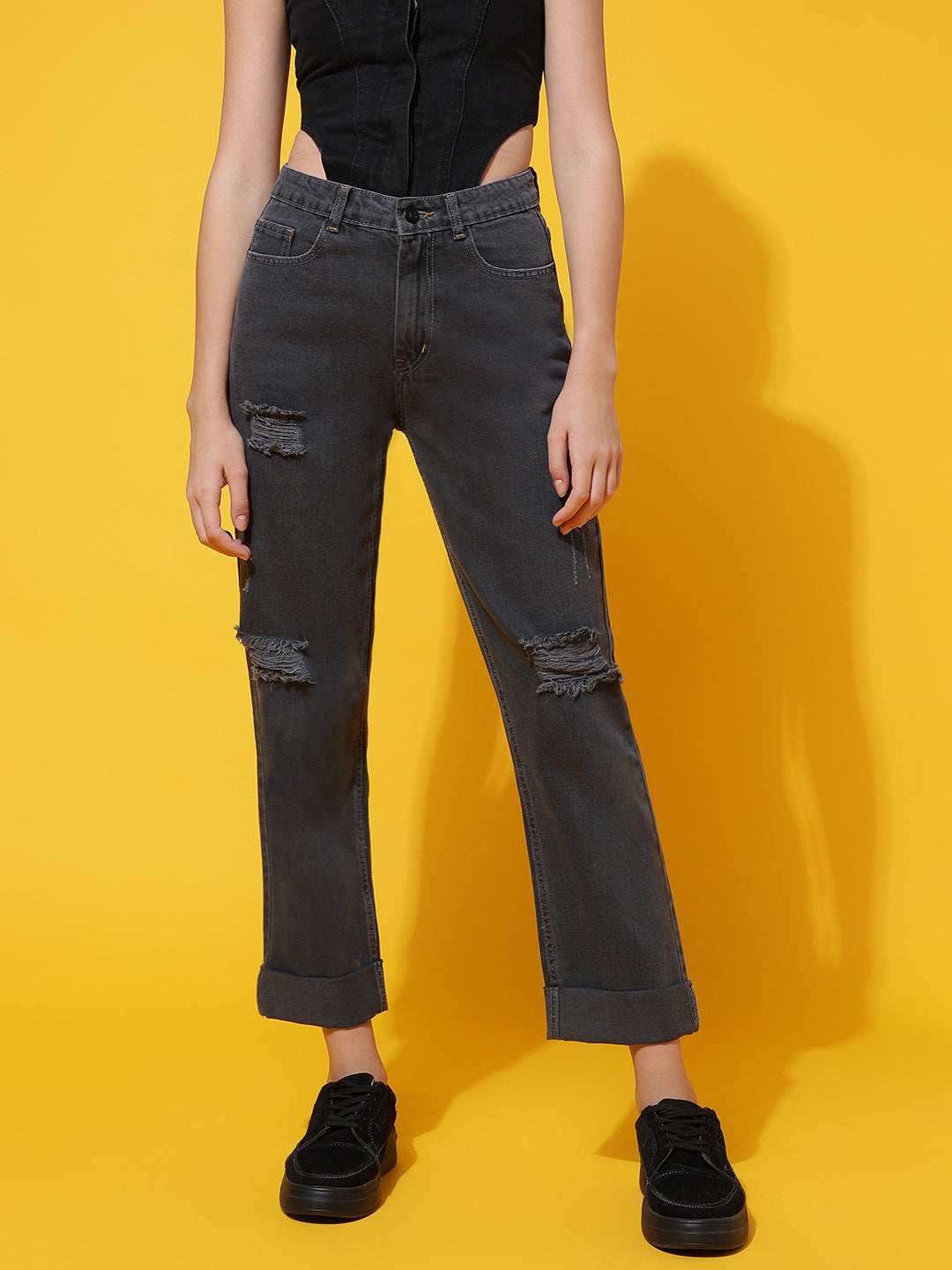 Grey Distressed Mom Fit Jeans