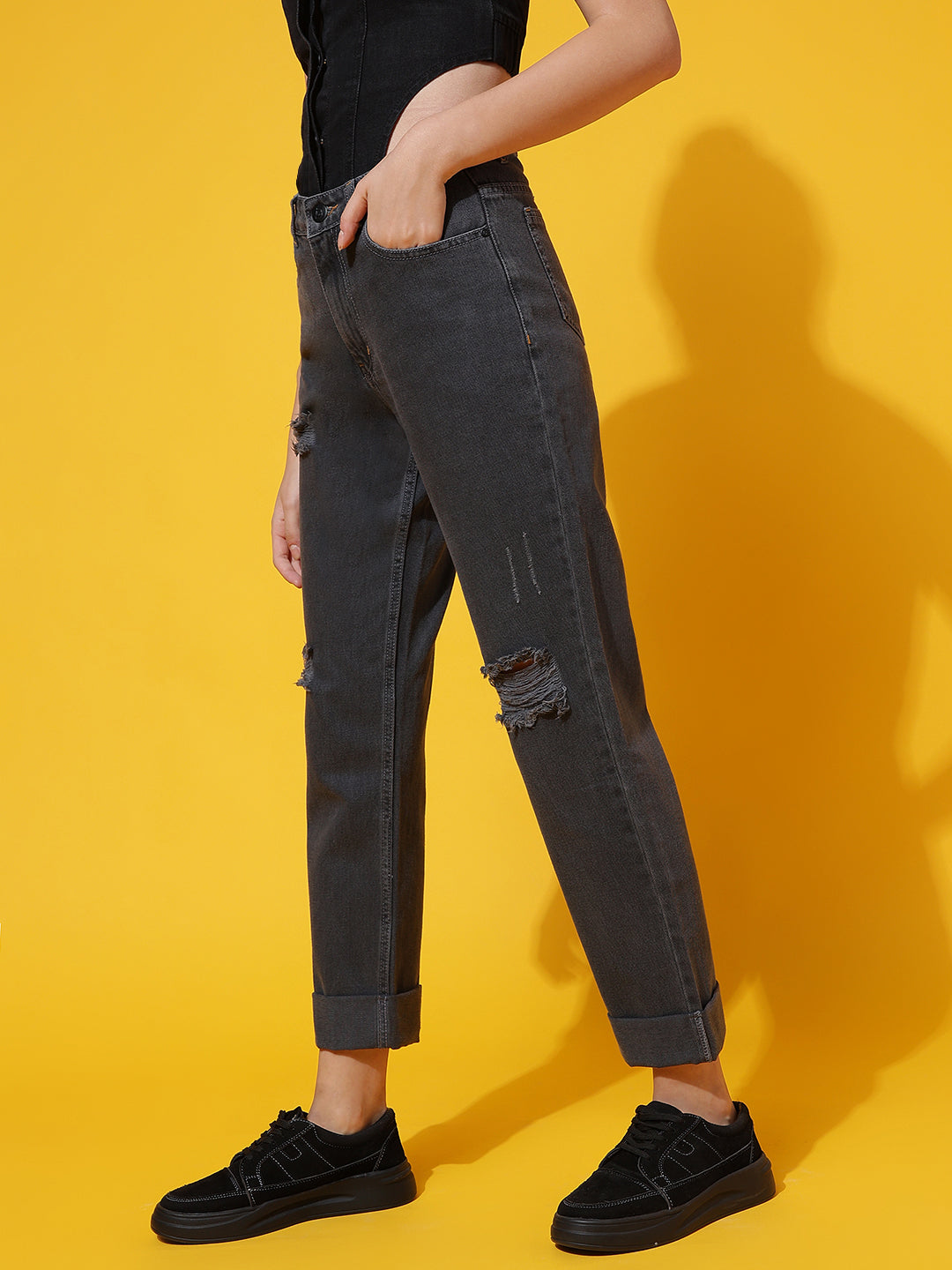 Grey Distressed Mom Fit Jeans