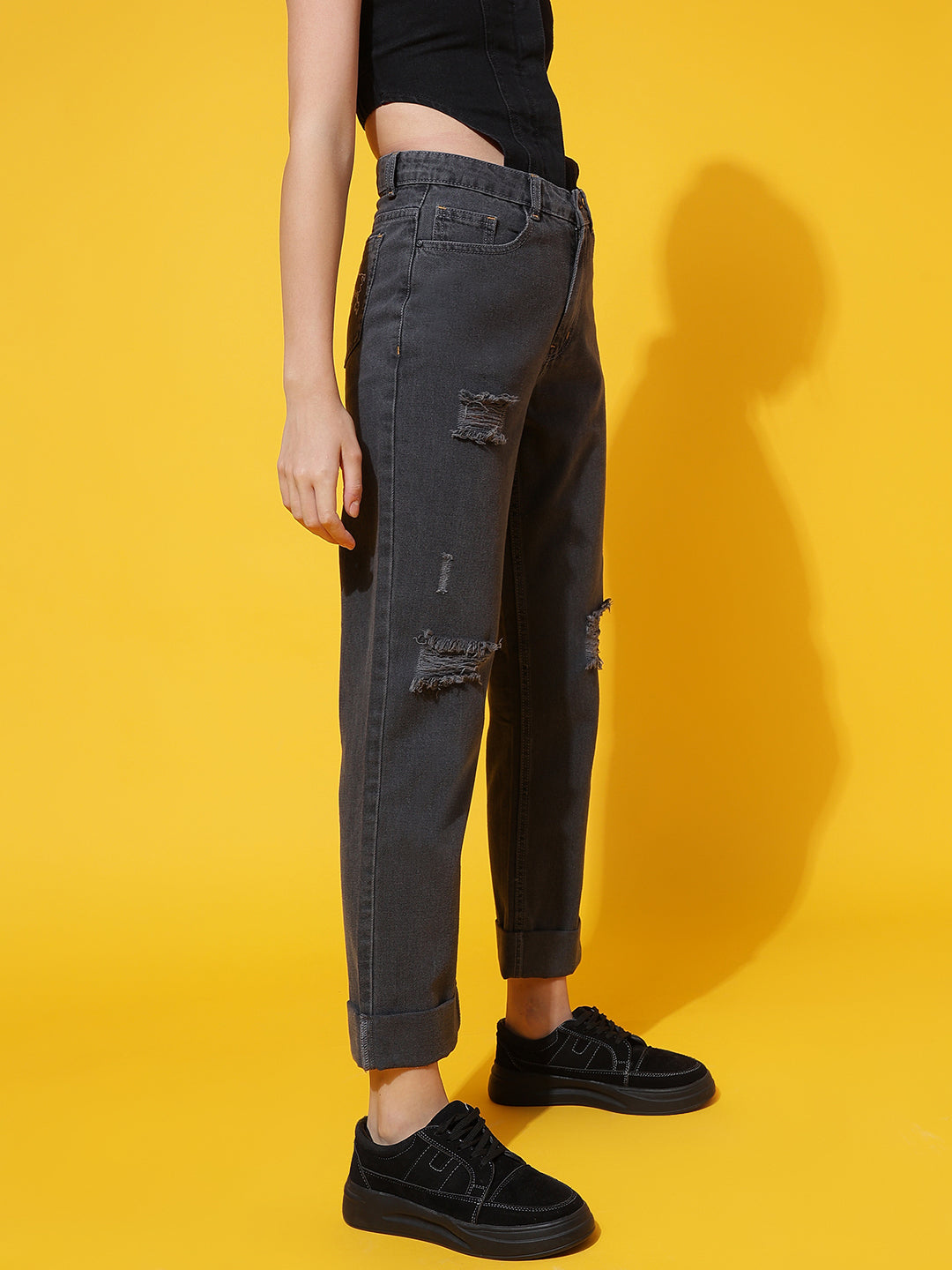 Grey Distressed Mom Fit Jeans