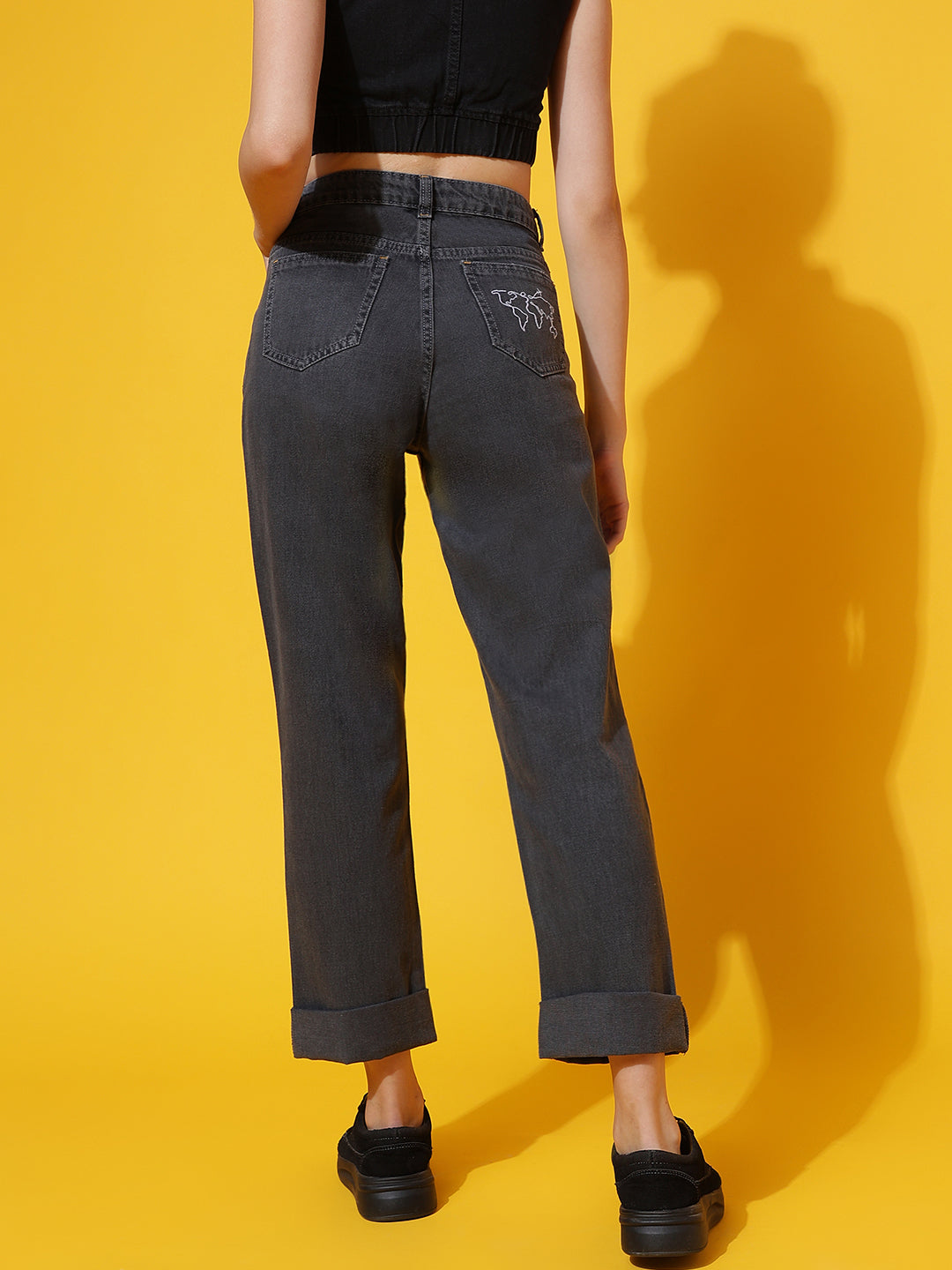 Grey Distressed Mom Fit Jeans