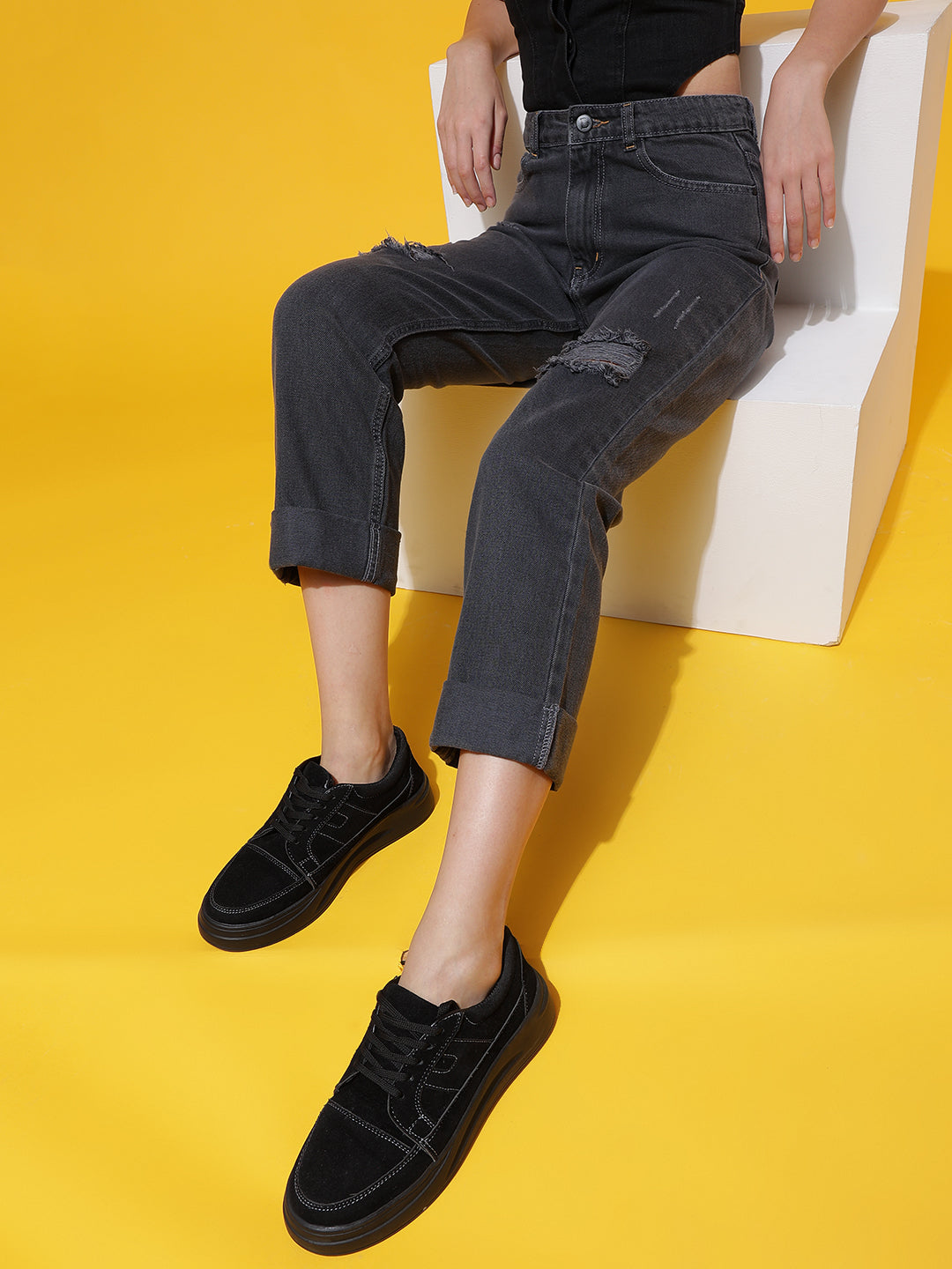 Grey Distressed Mom Fit Jeans