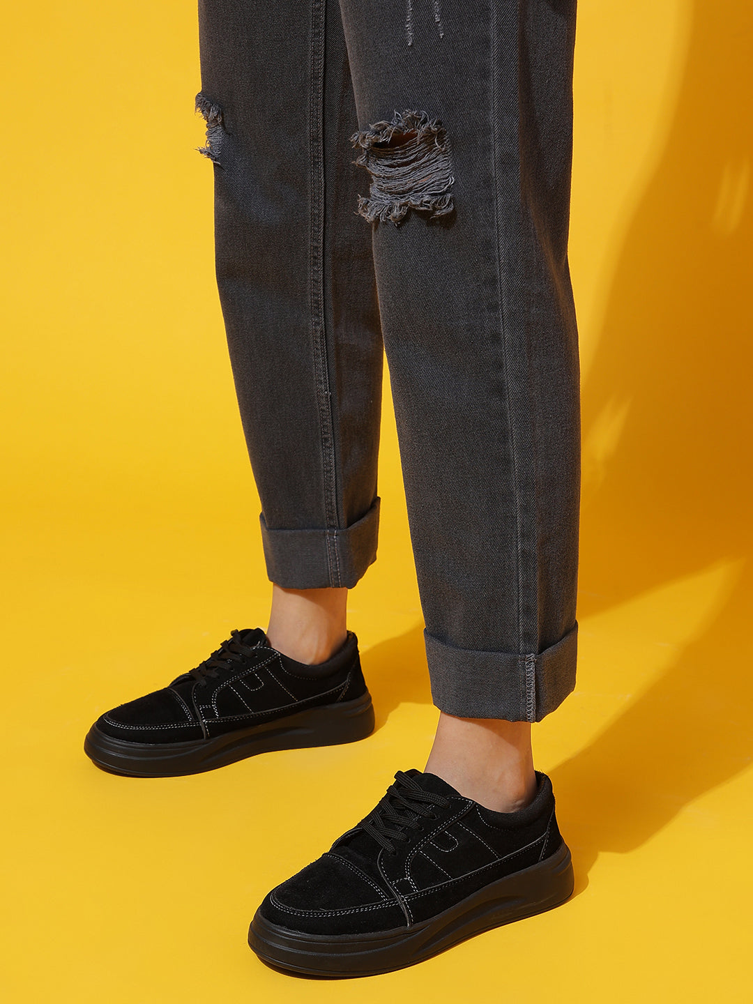 Grey Distressed Mom Fit Jeans