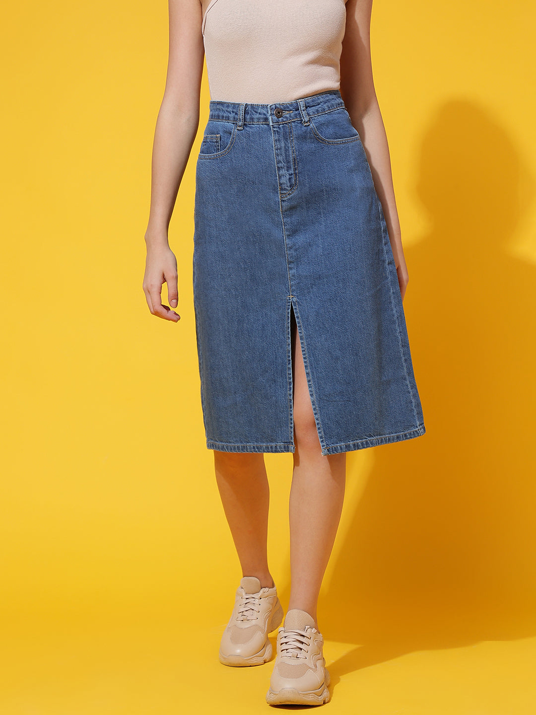 Blue Front Slit Denim Skirt