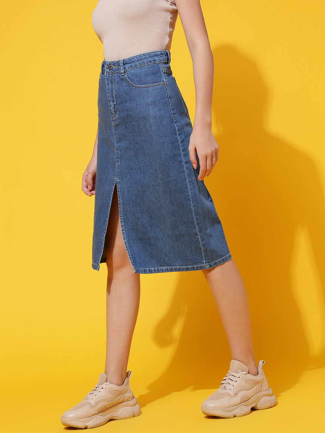 Blue Front Slit Denim Skirt