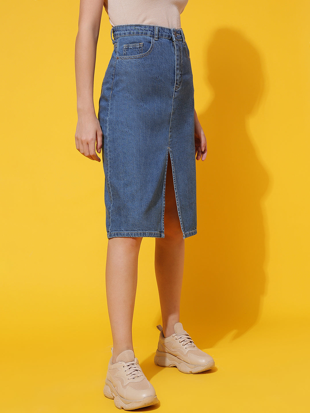 Blue Front Slit Denim Skirt