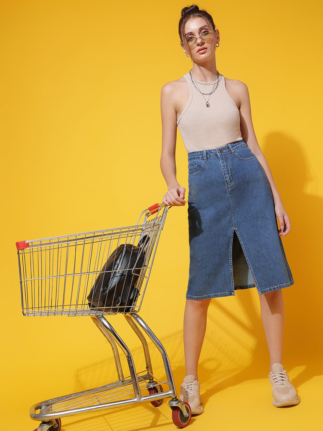 Blue Front Slit Denim Skirt