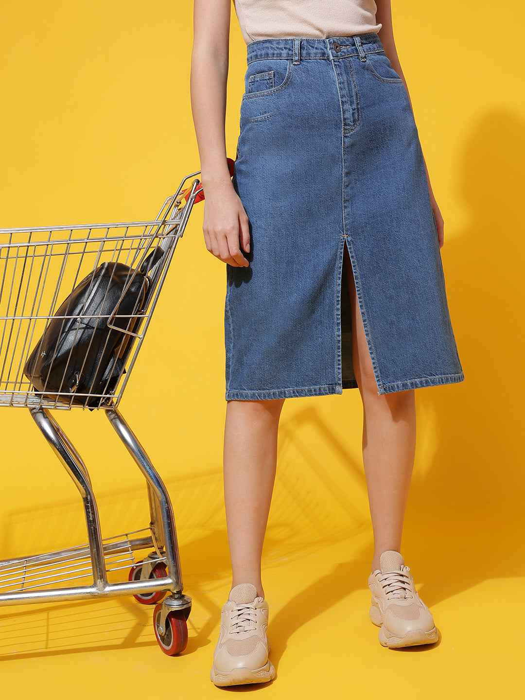 Blue Front Slit Denim Skirt