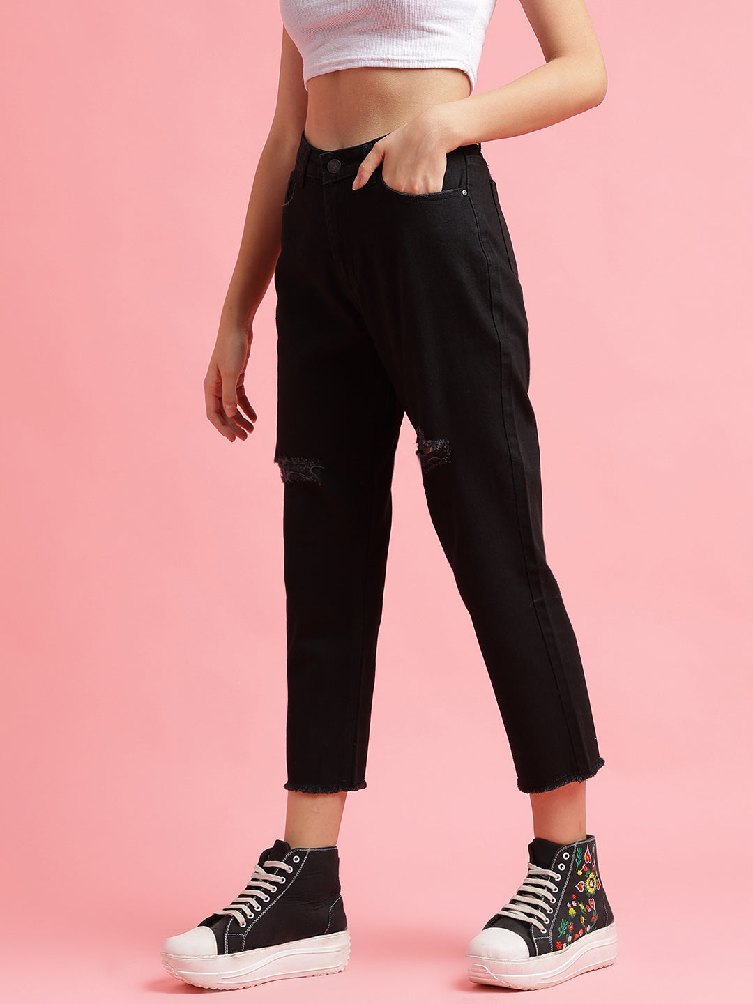 Black Distressed Boyfriend Fit Jeans