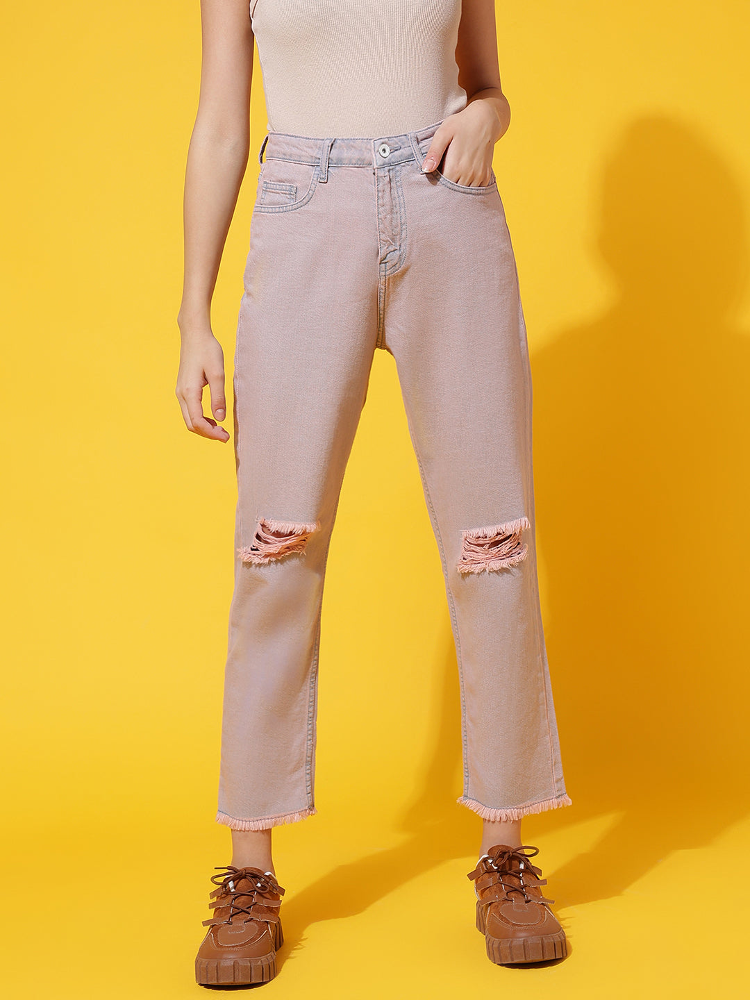 Pink Boyfriend Fit Distressed Jeans