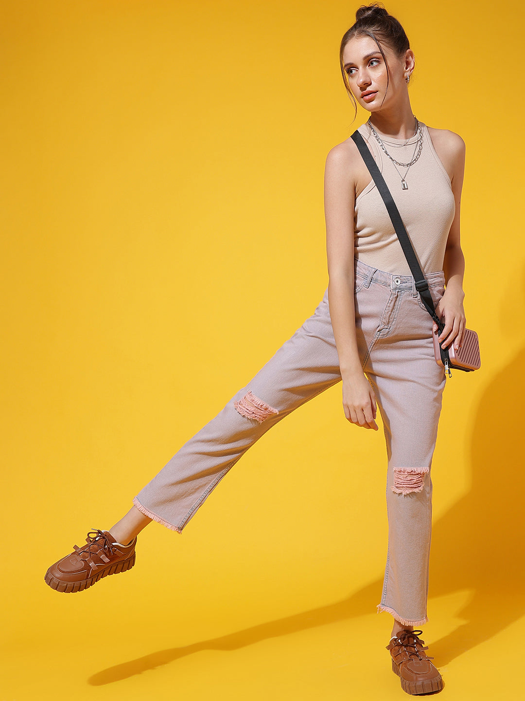 Pink Boyfriend Fit Distressed Jeans
