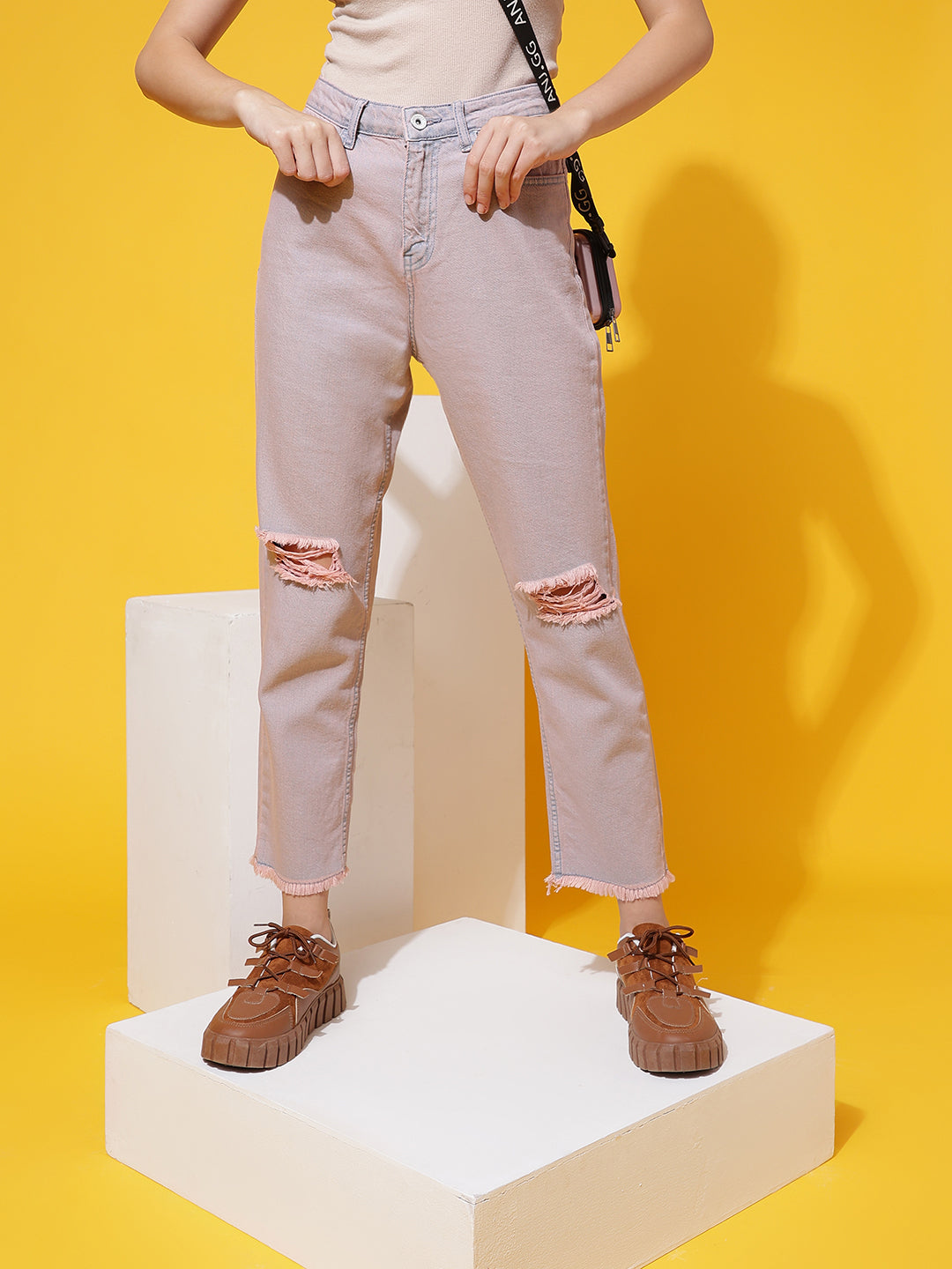 Pink Boyfriend Fit Distressed Jeans