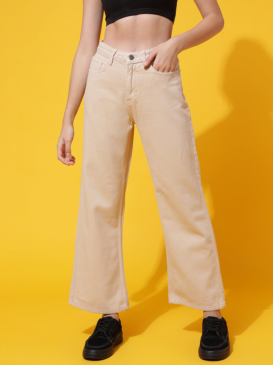 Beige Denim Flared Fit Jeans