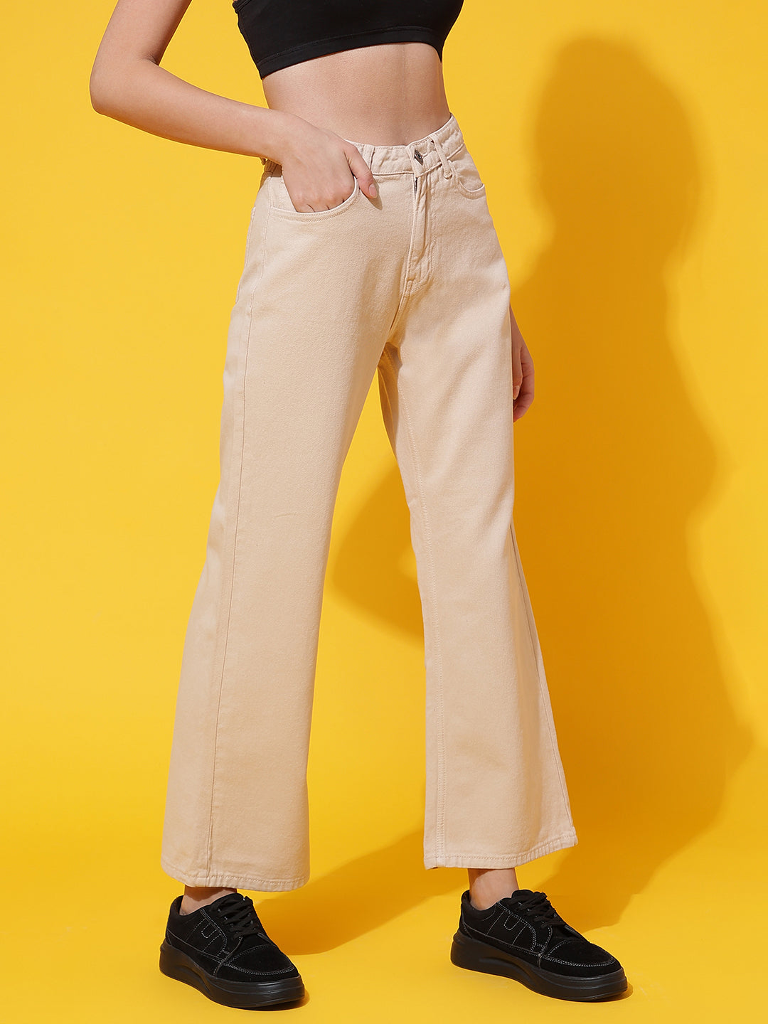 Beige Denim Flared Fit Jeans
