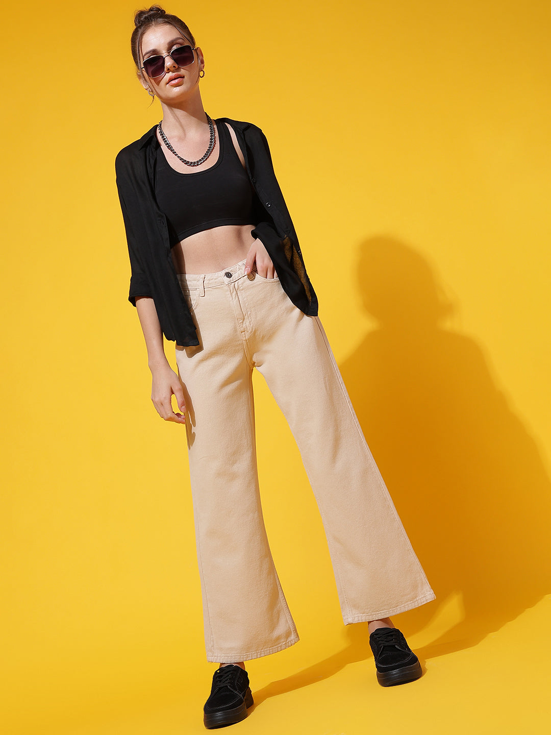 Beige Denim Flared Fit Jeans