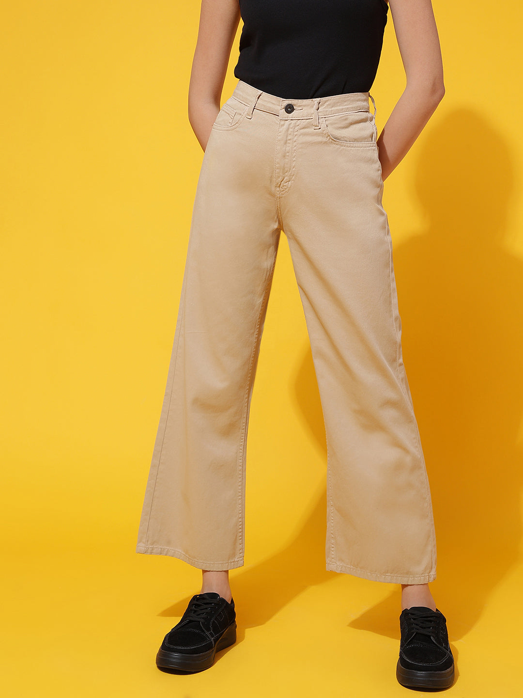 Beige Denim Flared Fit Jeans