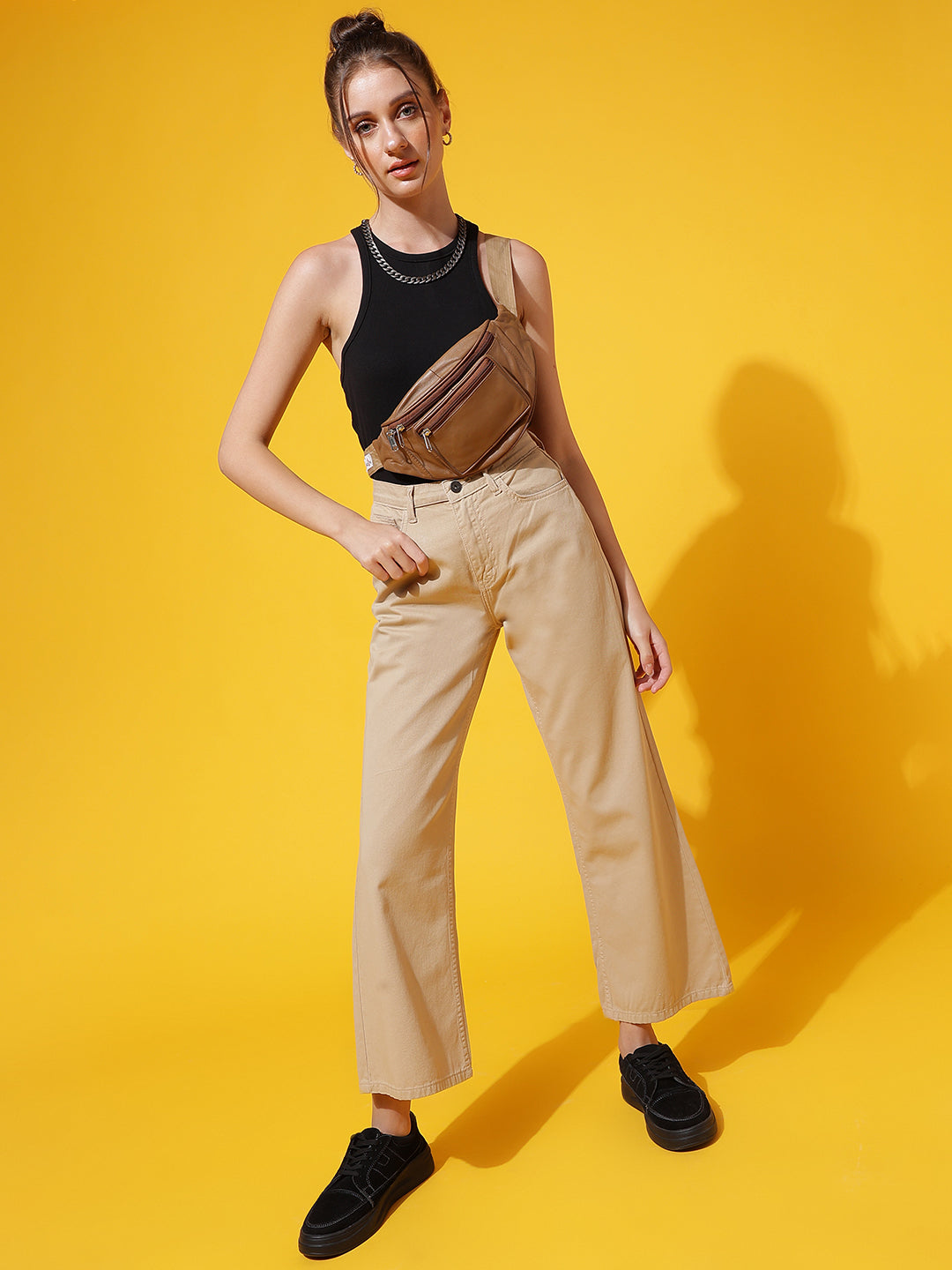 Beige Denim Flared Fit Jeans