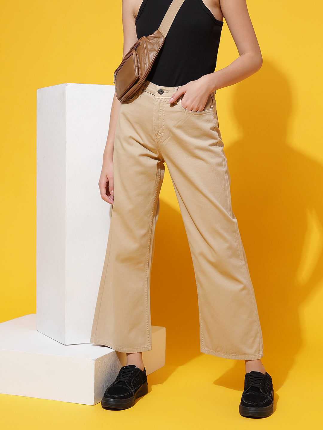 Beige Denim Flared Fit Jeans