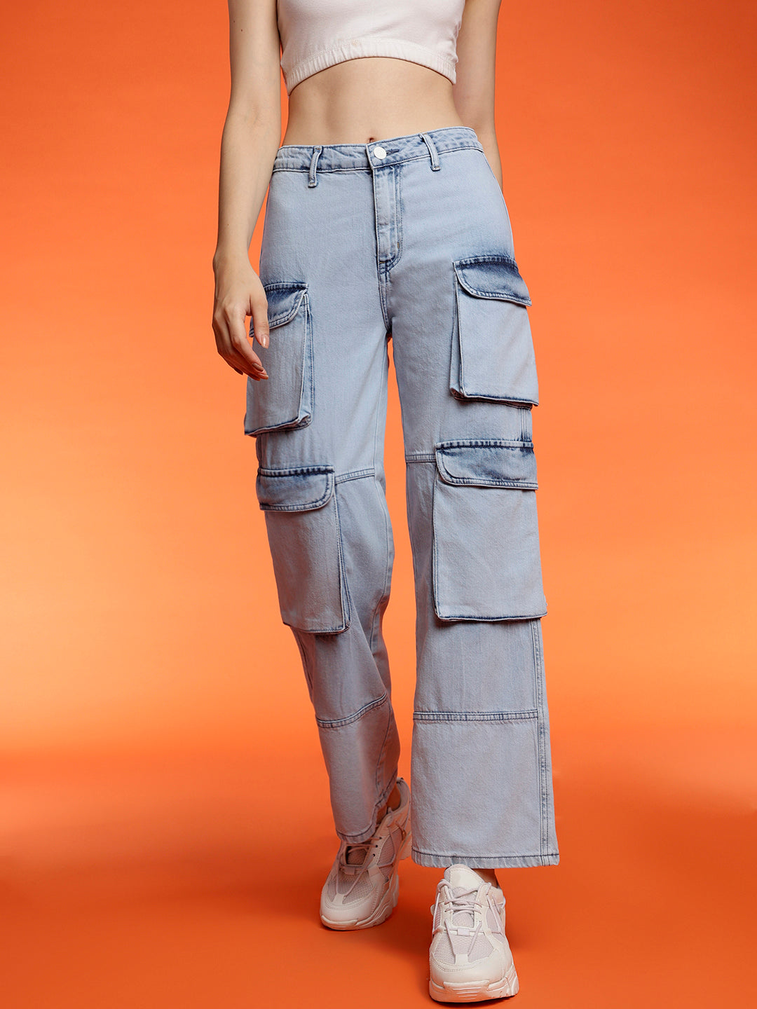 Belliskey Women's Light Blue Cargo Fit Denim Jeans
