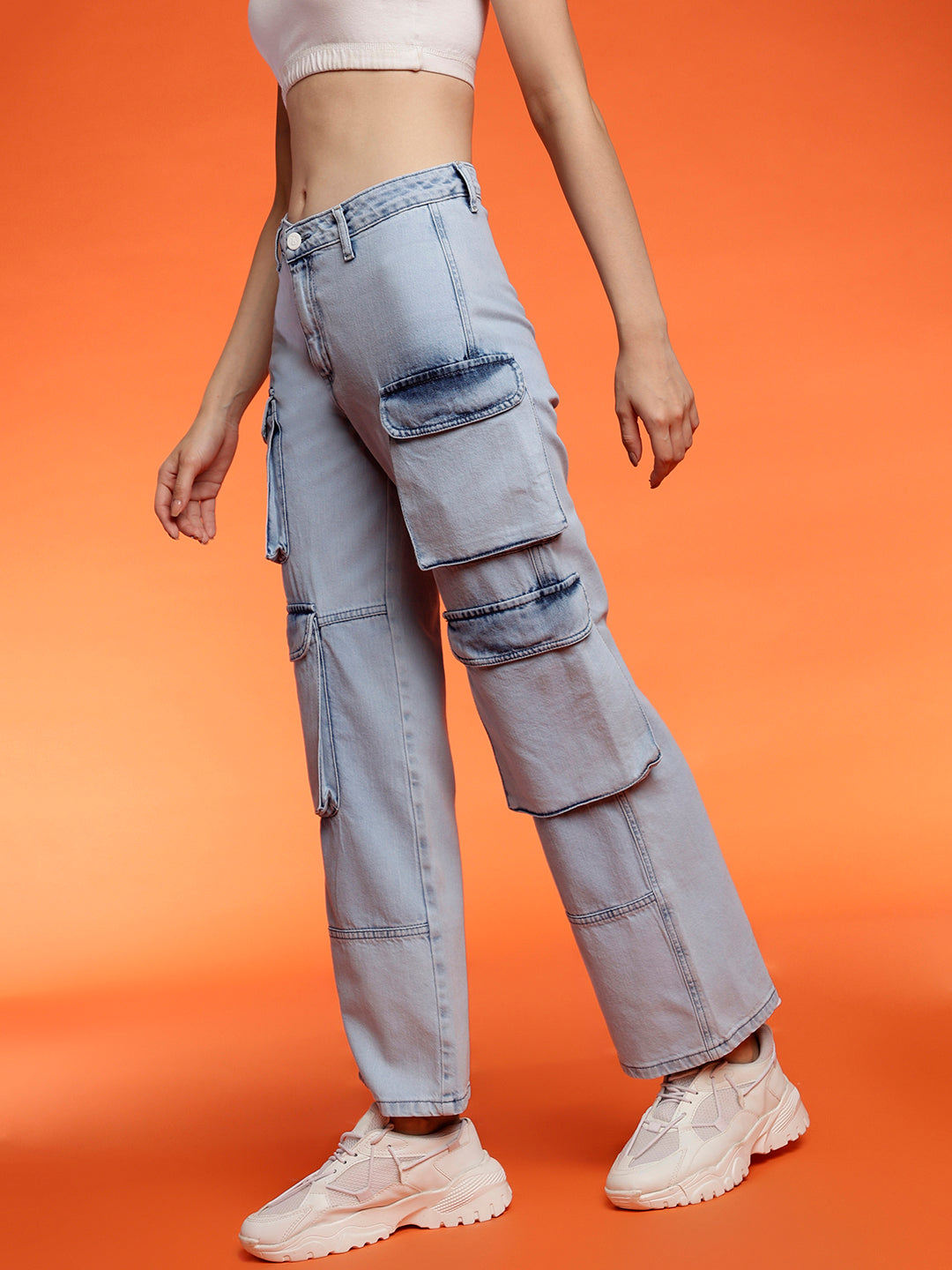 Belliskey Women's Light Blue Cargo Fit Denim Jeans