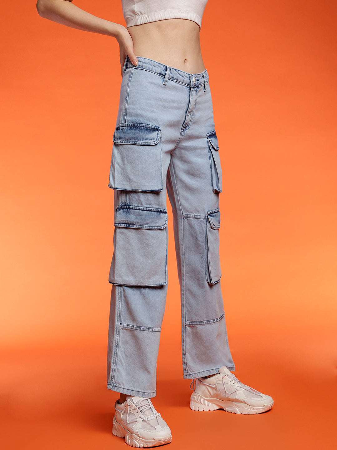 Belliskey Women's Light Blue Cargo Fit Denim Jeans