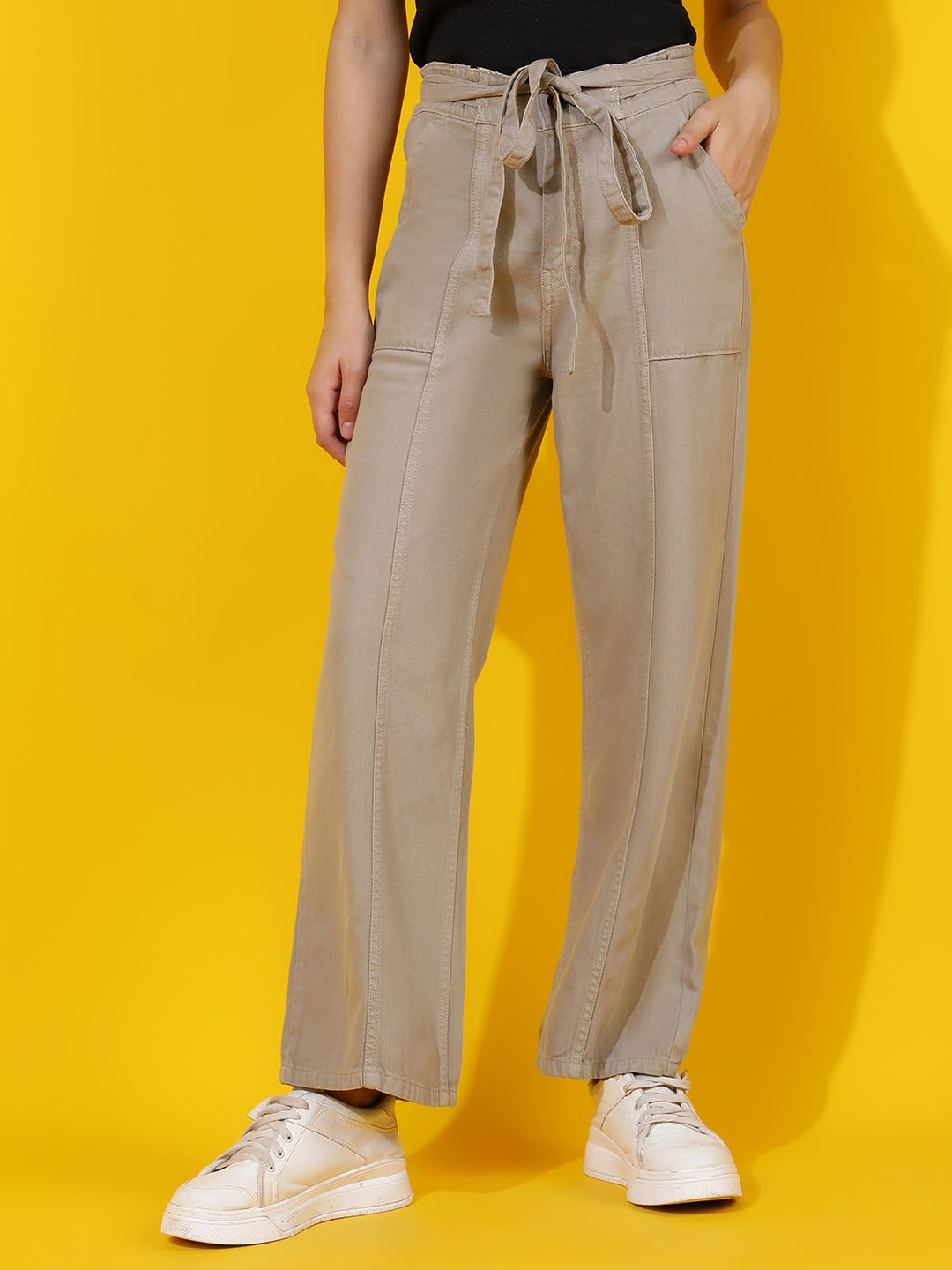 Beige Wide Leg Relaxed Fit Jeans