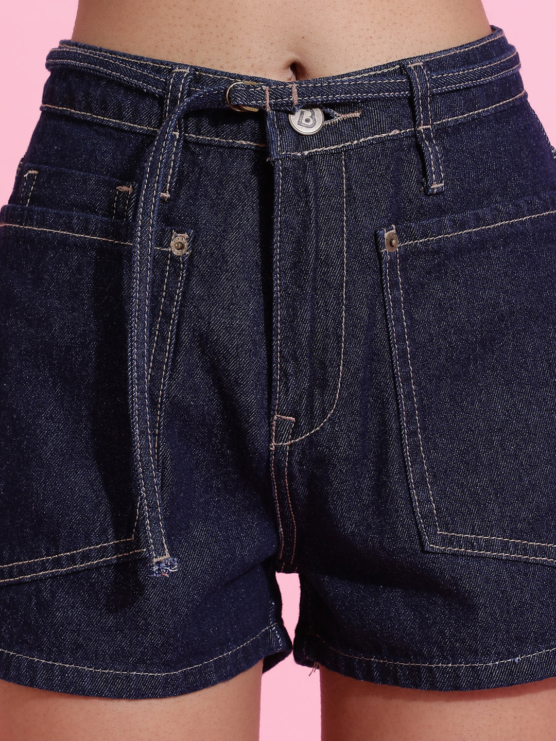 Dark Blue Solid Denim Shorts
