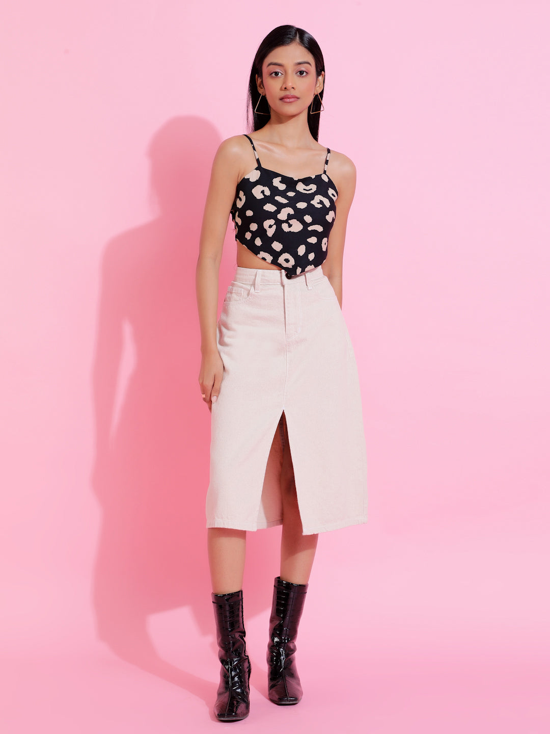 White Solid Front Slit Denim Skirt