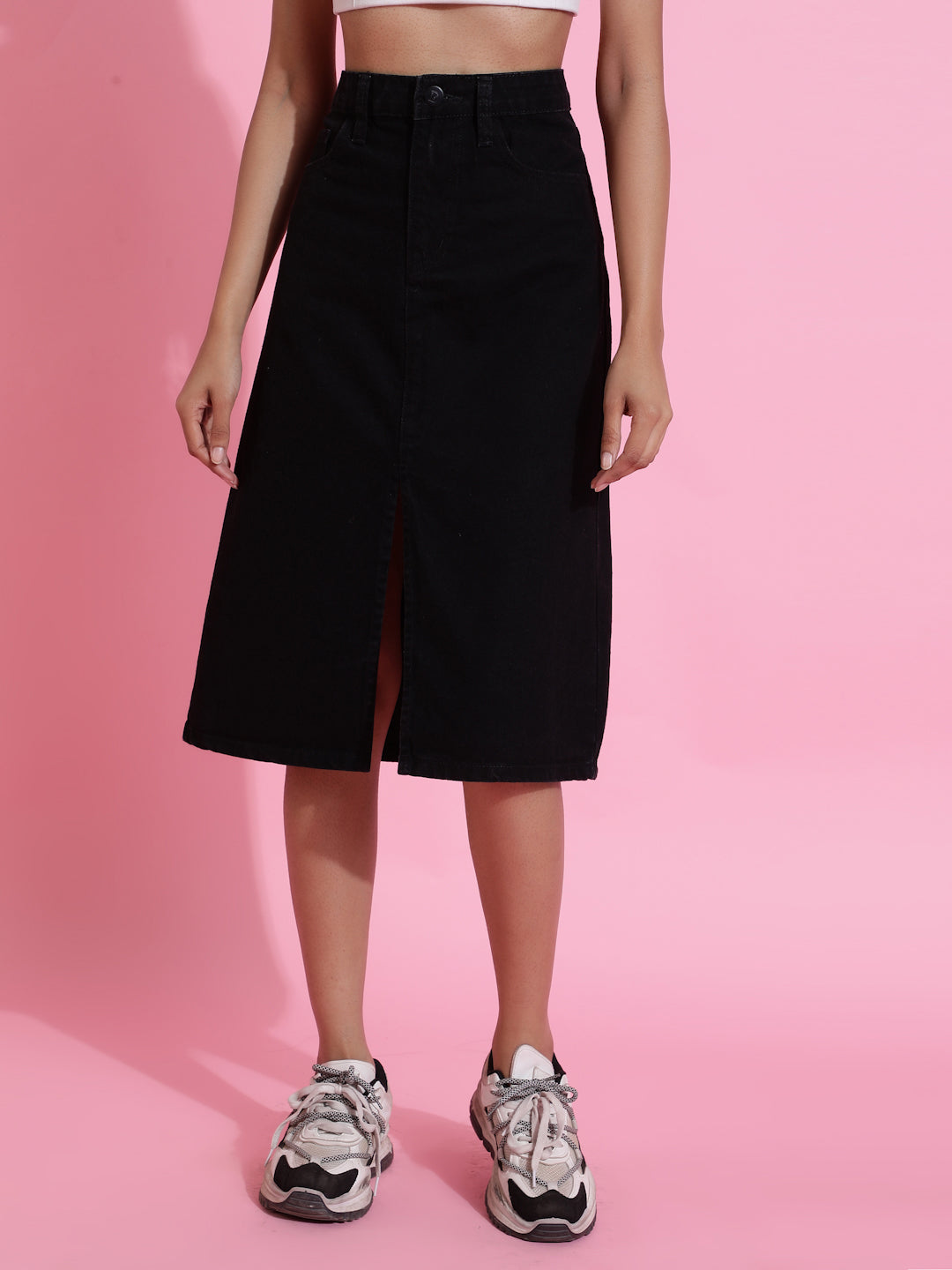 Black Solid Front Slit Denim Skirt