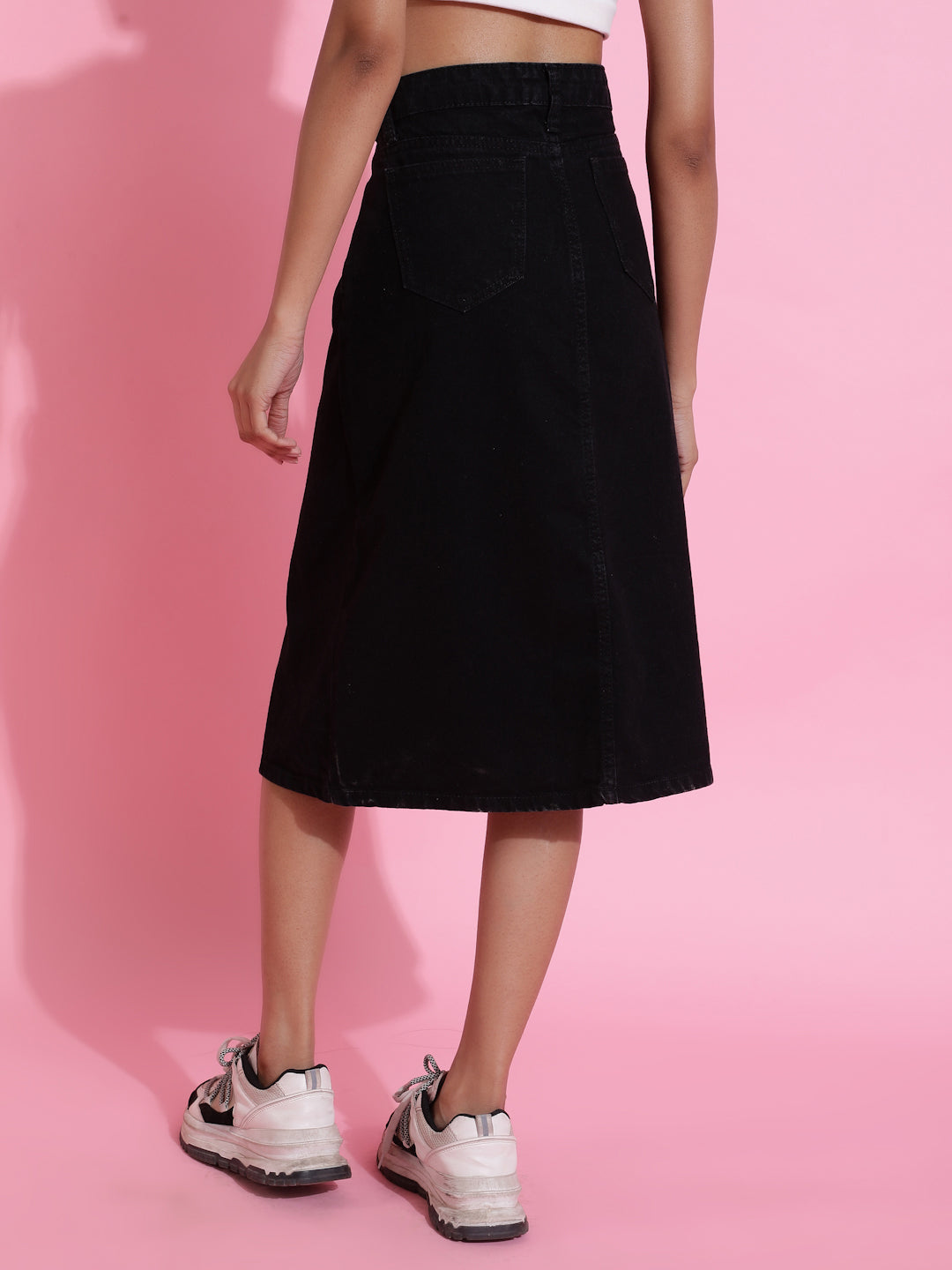 Black Solid Front Slit Denim Skirt
