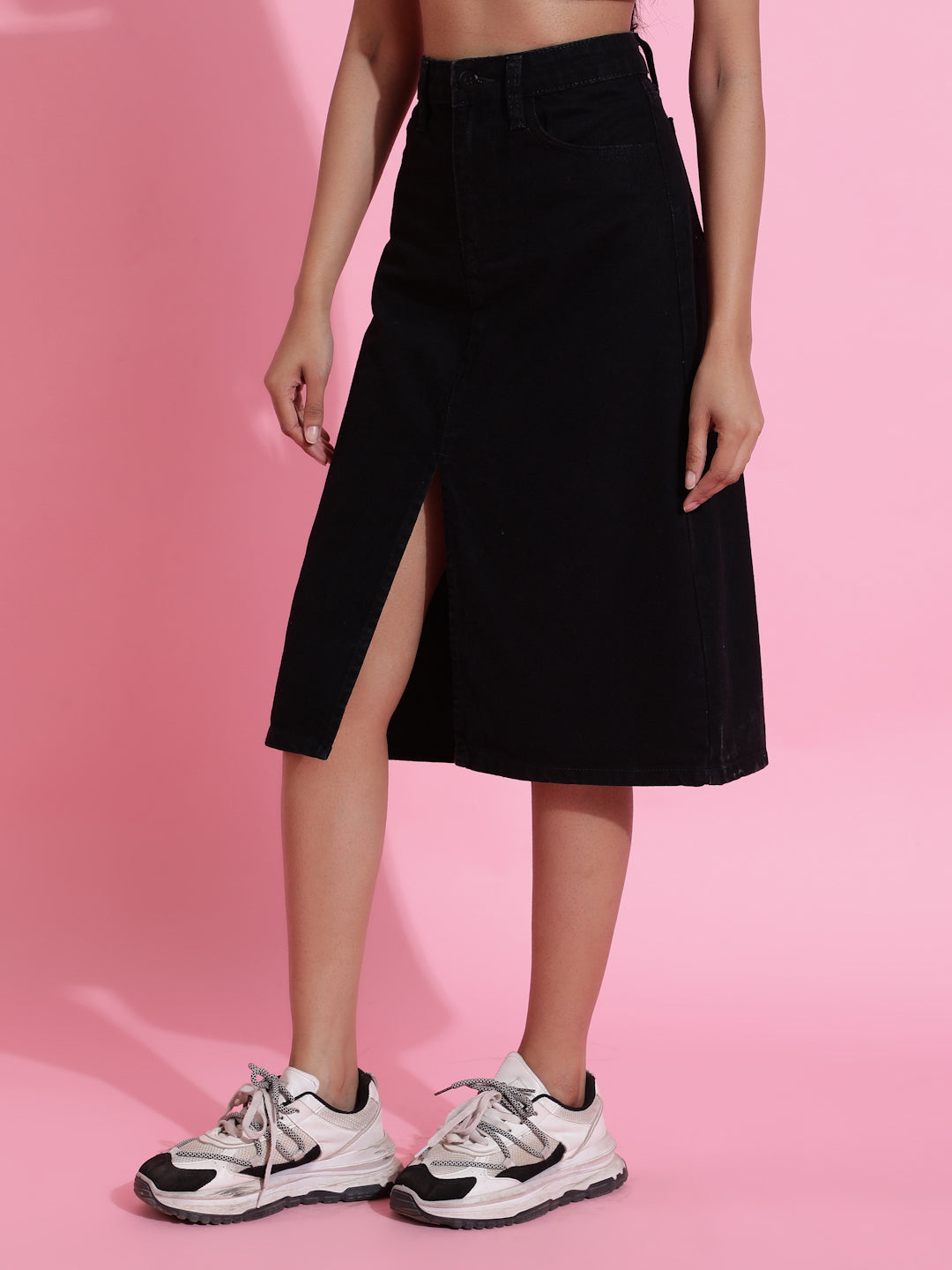 Black Solid Front Slit Denim Skirt