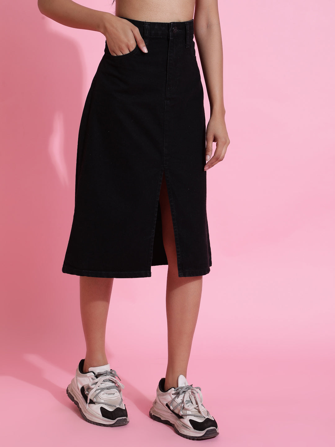 Black Solid Front Slit Denim Skirt