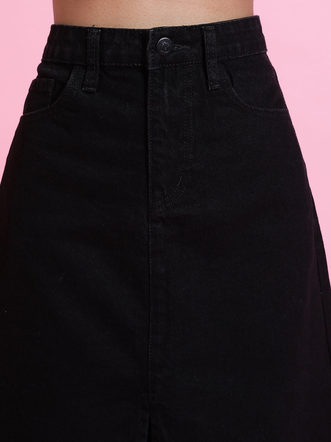 Black Solid Front Slit Denim Skirt