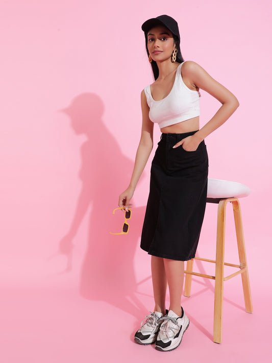 Black Solid Front Slit Denim Skirt