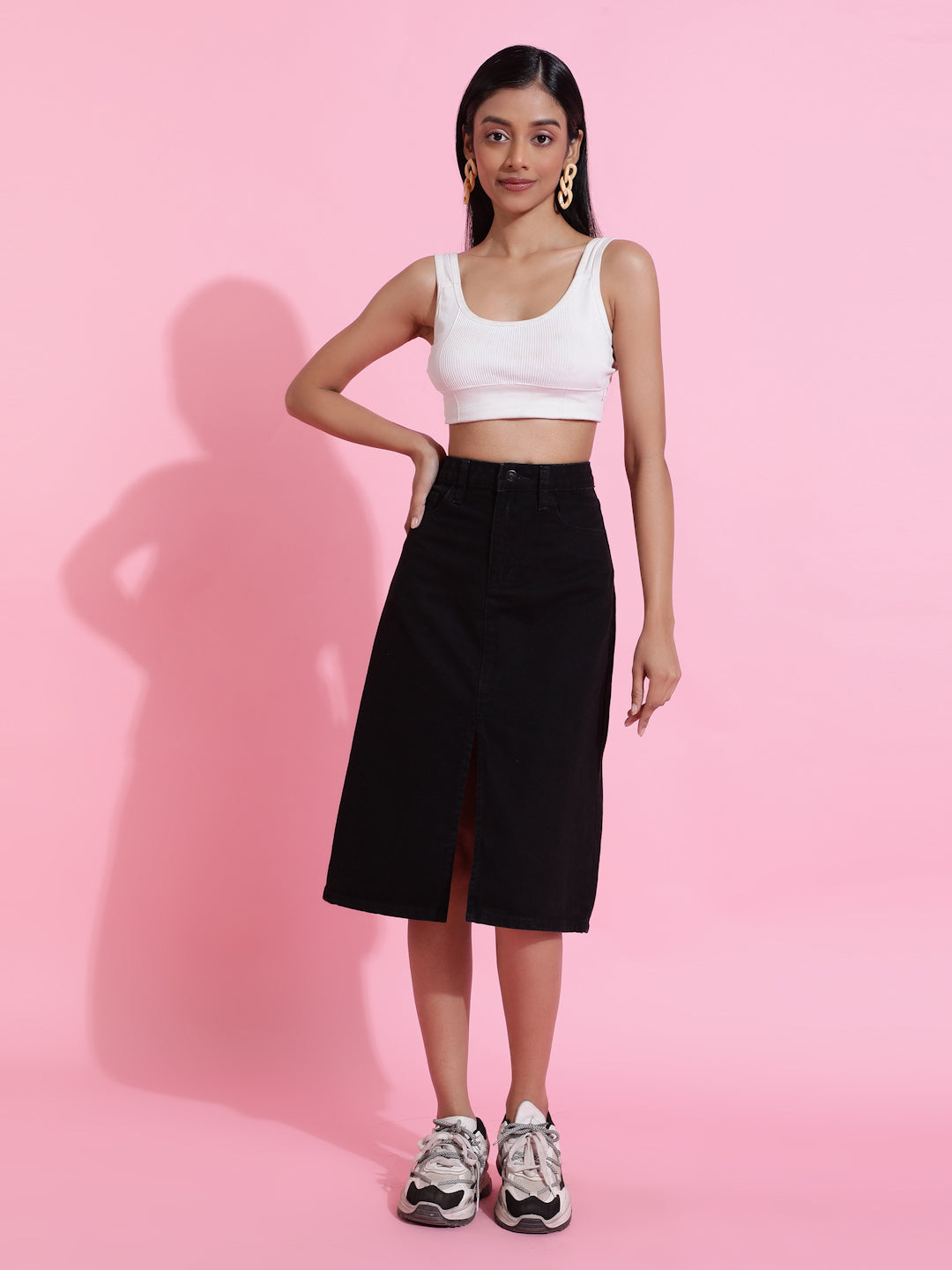 Black Solid Front Slit Denim Skirt