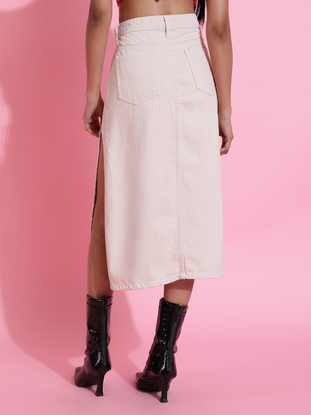 White Solid Side Slit Denim Skirt