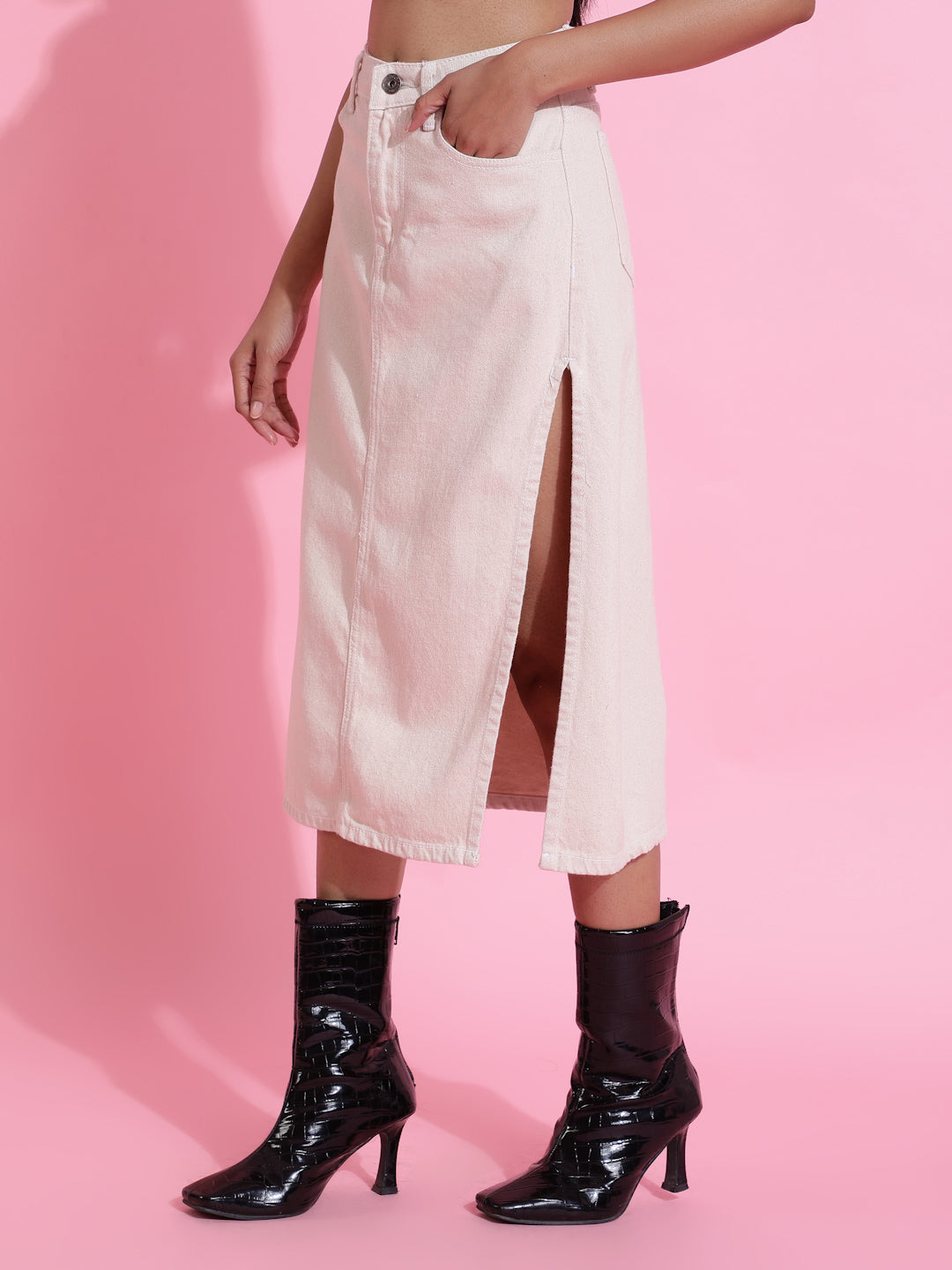 White Solid Side Slit Denim Skirt