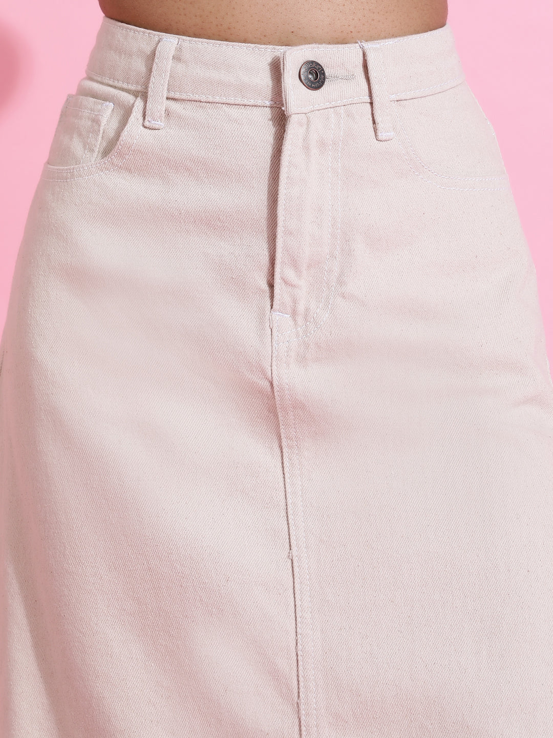 White Solid Side Slit Denim Skirt