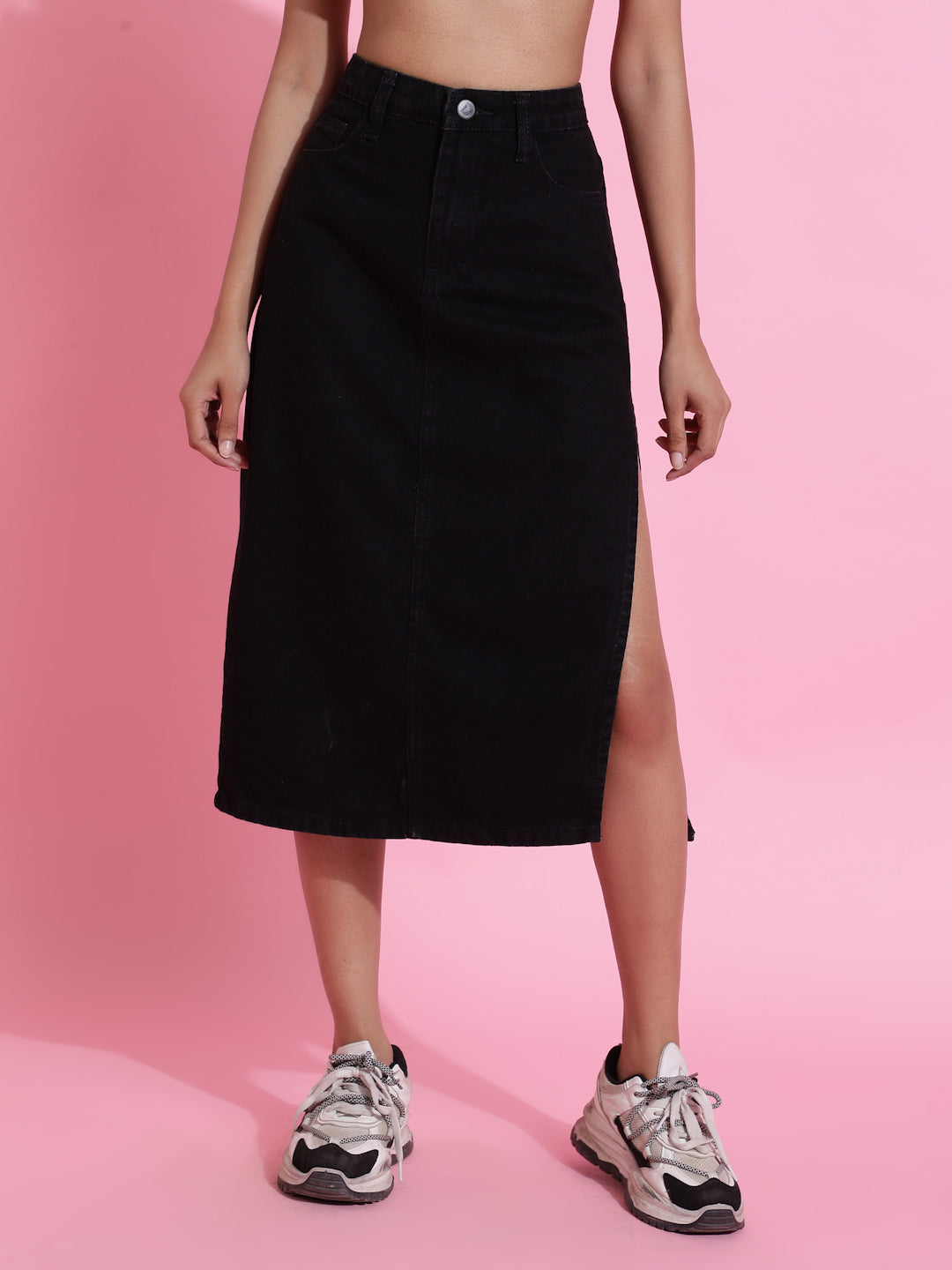Black Solid Side Slit Denim Skirt