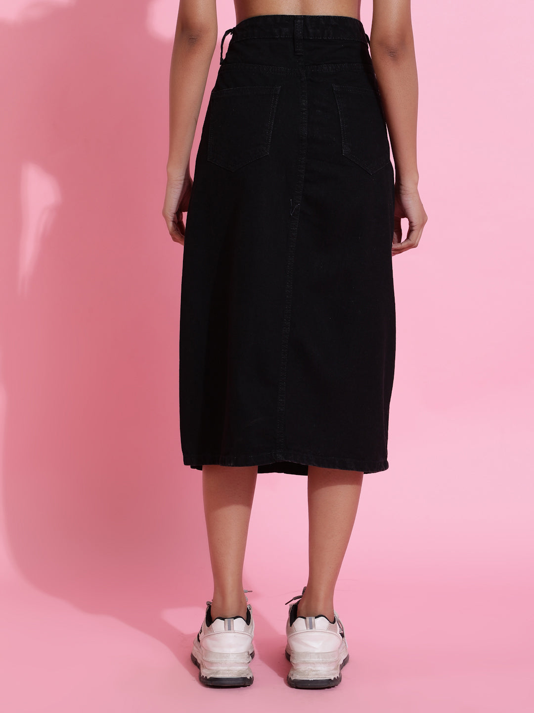 Black Solid Side Slit Denim Skirt