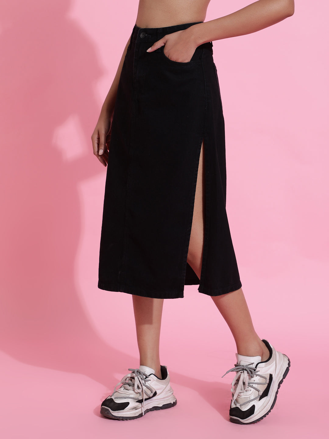 Black Solid Side Slit Denim Skirt