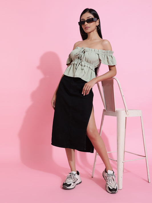 Black Solid Side Slit Denim Skirt