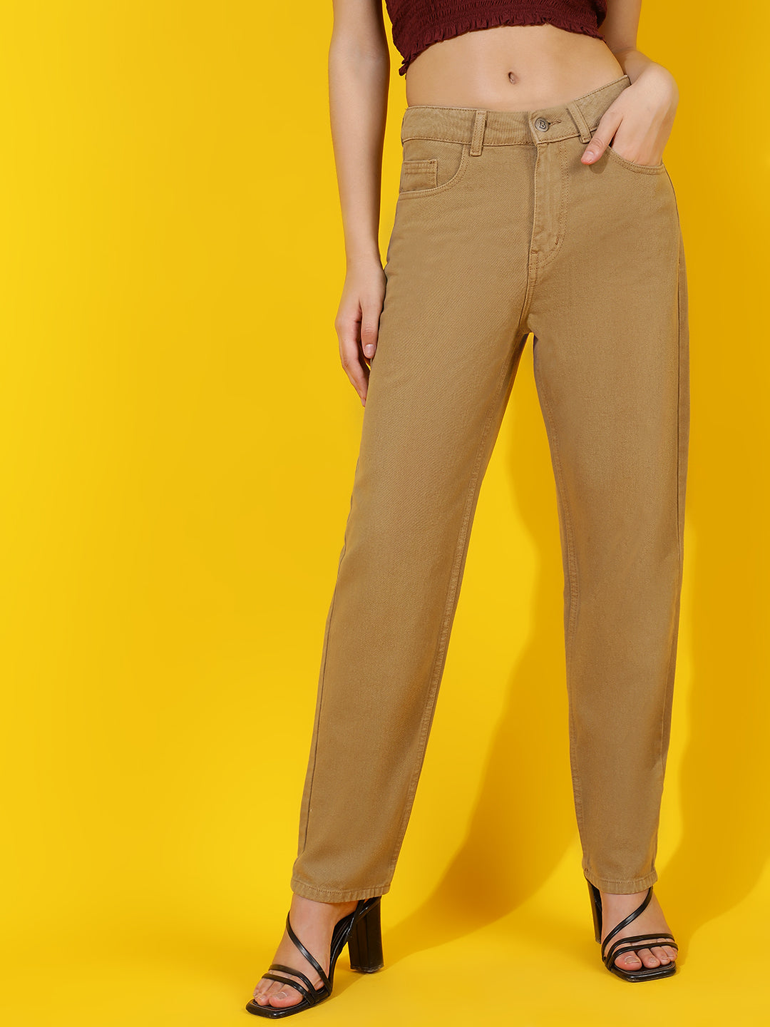 Beige Straight Fit Denim Jeans